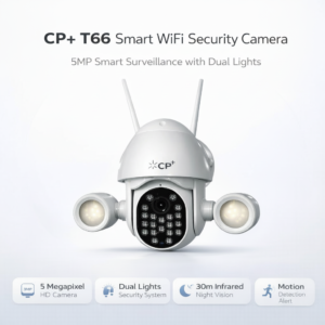 CP Plus PTZ wireless security camera with dual floodlights for smart outdoor surveillance.